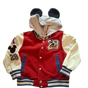 Disney Mickey Mouse Varsity Jacket Toddler 2T Red Cream‎ Ears Hooded Excellent